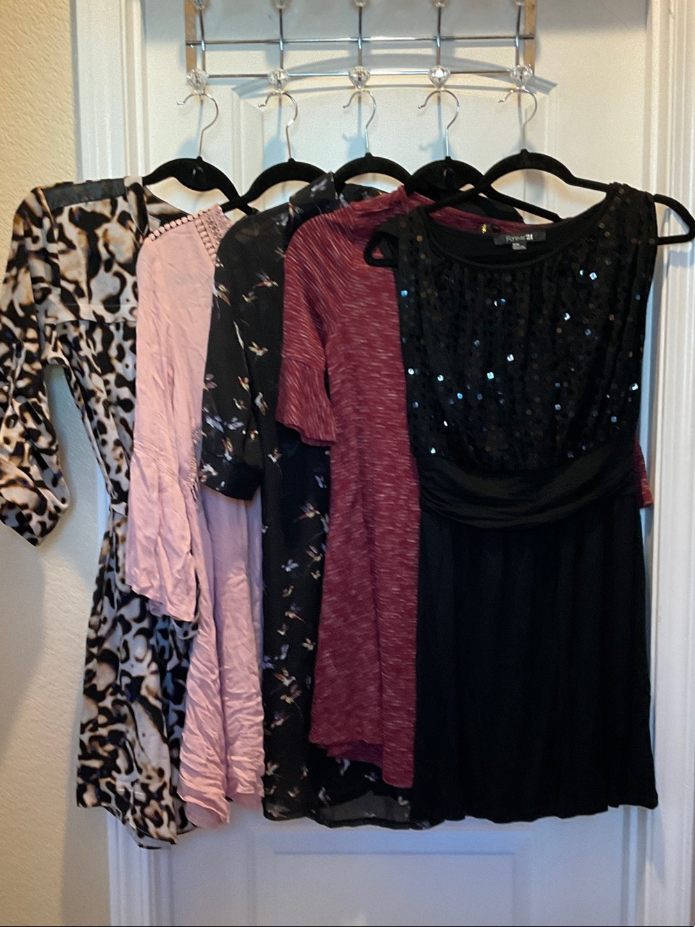 Lot of 5 dresses, Pink Lace, red, birds, LBD, animal print, size M